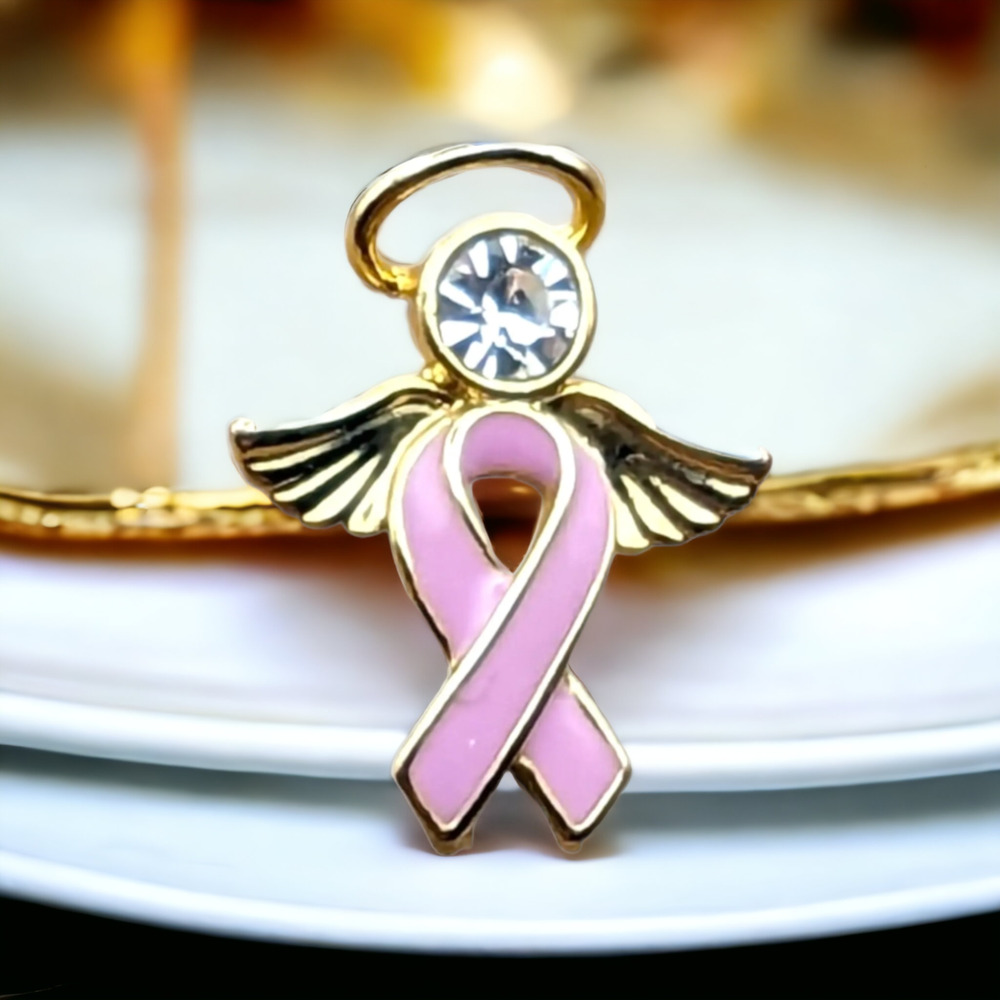 Pink Ribbon Gold Tone Angel Rhinestone Hat Lapel Pin Brooch Brest Cancer - Picture 1 of 4